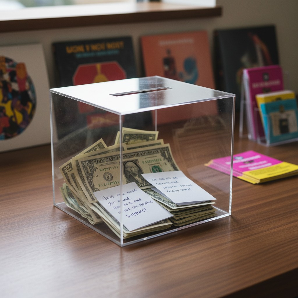 Clear, hollow acrylic donation box containing folded and unfolded US $1 and $5 bills, a note card for more personal tribut...